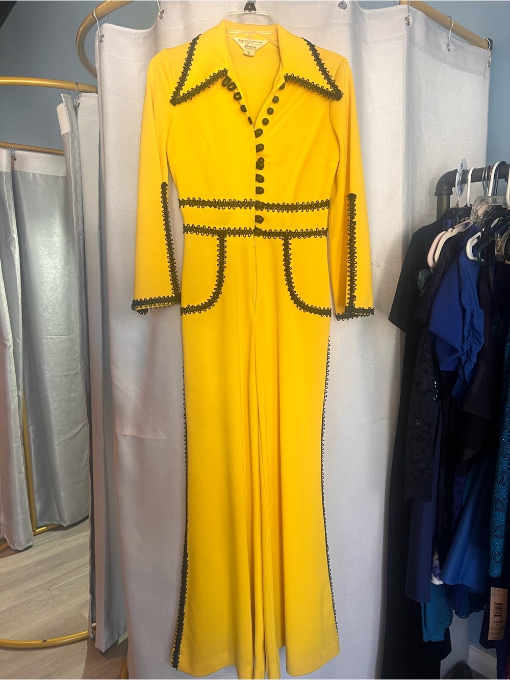 One of a kind Vintage JC Penny 70s Yellow Long-Sleeve Jumpsuit with Black Trim